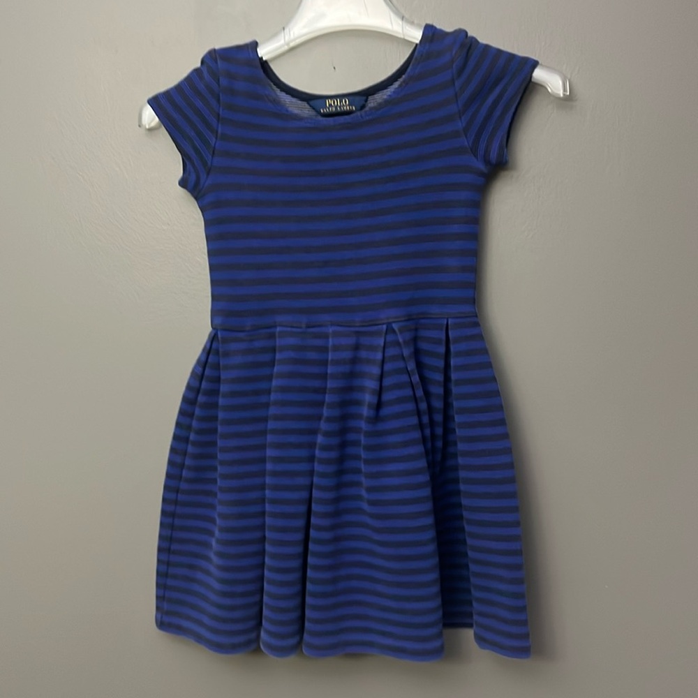 Polo Ralph Lauren Dress Girls Blue Black Striped Pleated Fit & Flare - Size S